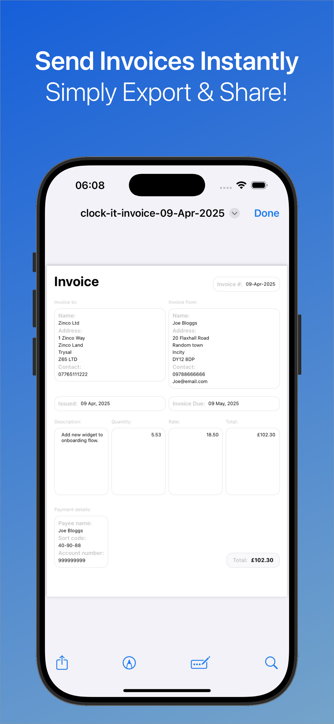 App store screen shot showing an exported invoice with the text 'Send Invoices Instantly, Simple Export and Share!'